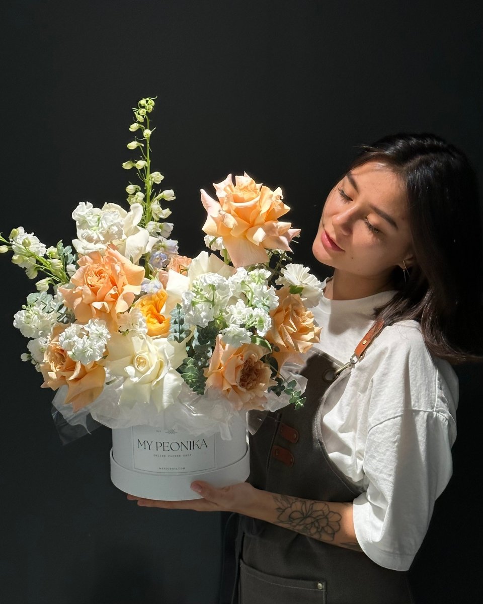 Flower Box "Pastel Serenity" - roses, delphiniums, hydrangeas, stock