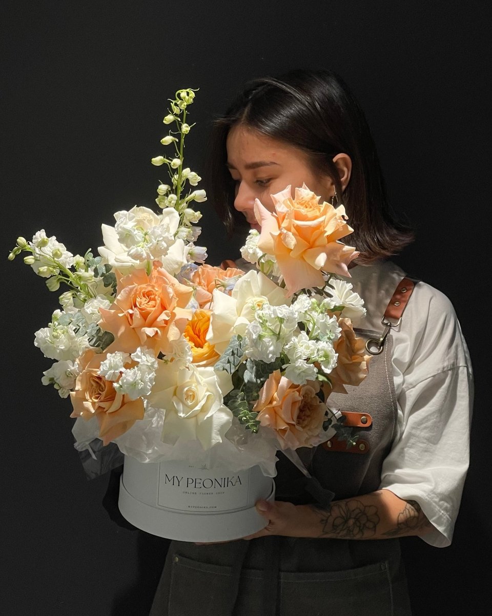 Flower Box "Pastel Serenity" - roses, delphiniums, hydrangeas, stock
