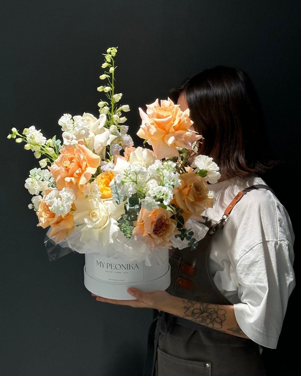 Flower Box "Pastel Serenity" - roses, delphiniums, hydrangeas, stock