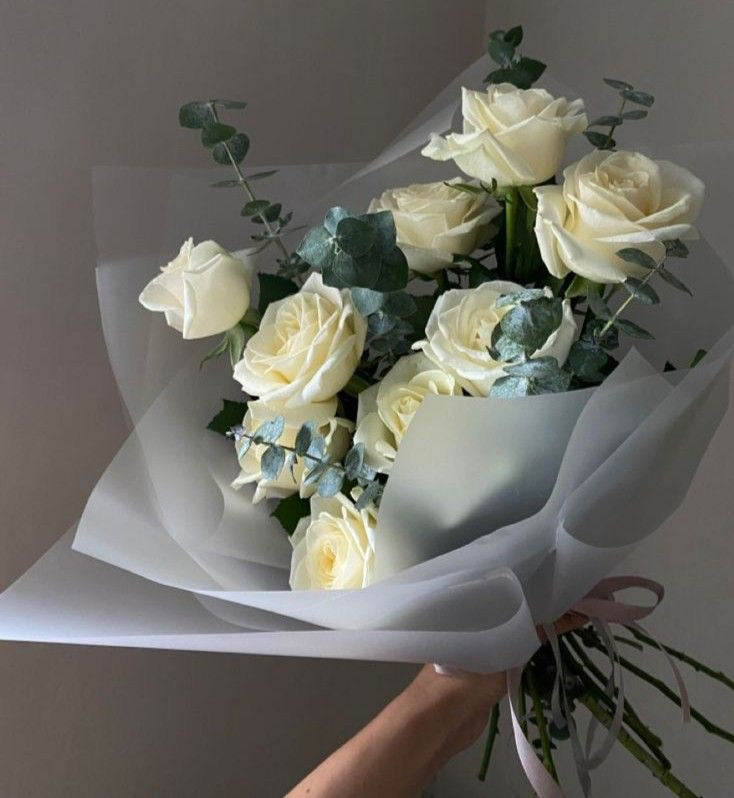 White roses with eucalyptus