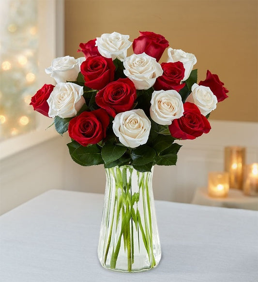 White and red roses mix (vase included)